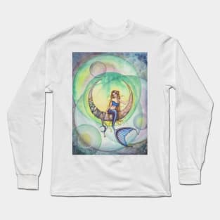 Cobalt Moon Mermaid and Crescent Moon Illustration Long Sleeve T-Shirt